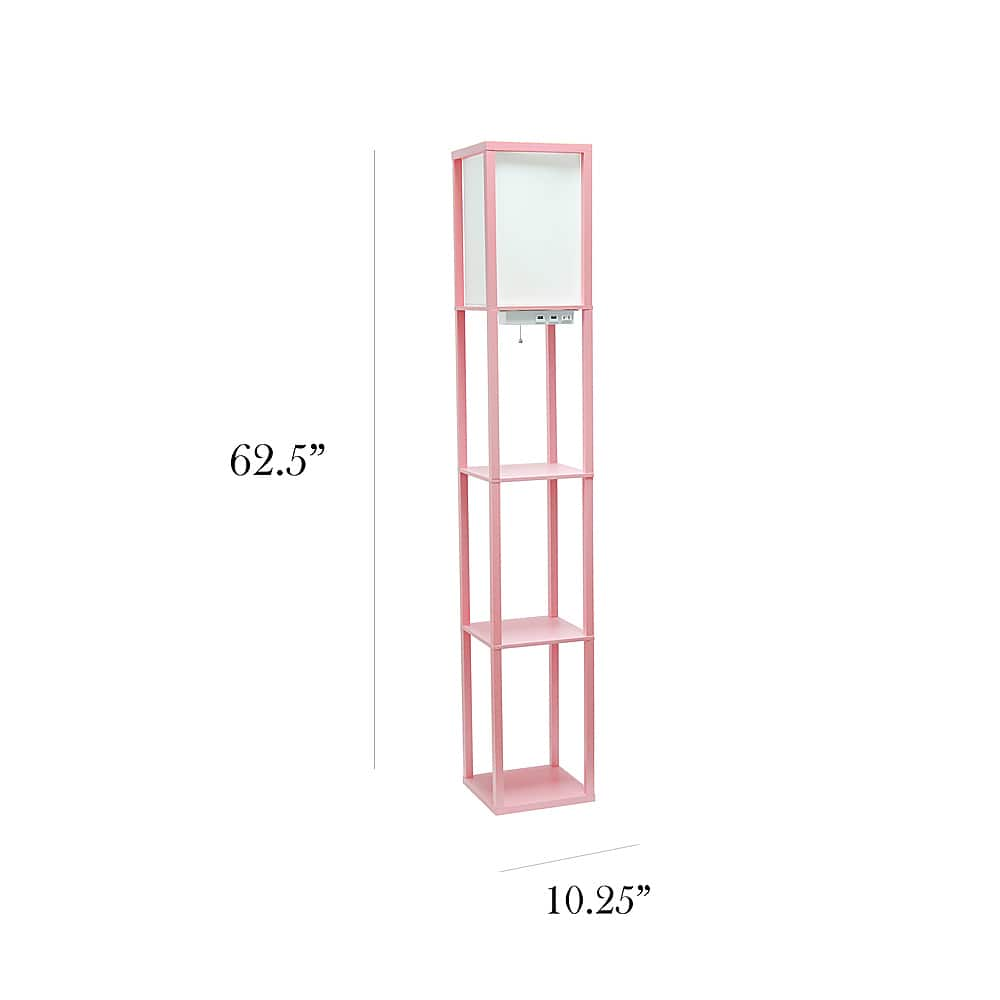 Left View: Simple Designs - Floor Lamp Etagere Organizer Storage Shelf w 2 USB Charging Ports, 1 Charging Outlet & Linen Shade - Light Pink