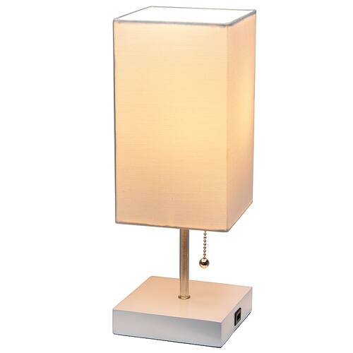 Simple Designs - Petite White Stick Lamp with USB Charging Port and Fabric Shade - White base/White shade