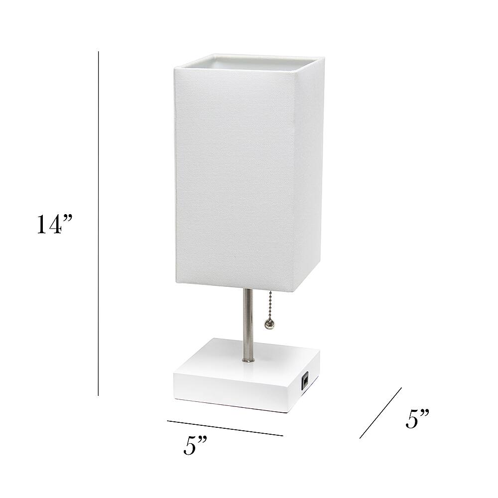 Left View: Simple Designs - Petite White Stick Lamp with USB Charging Port and Fabric Shade - White base/White shade