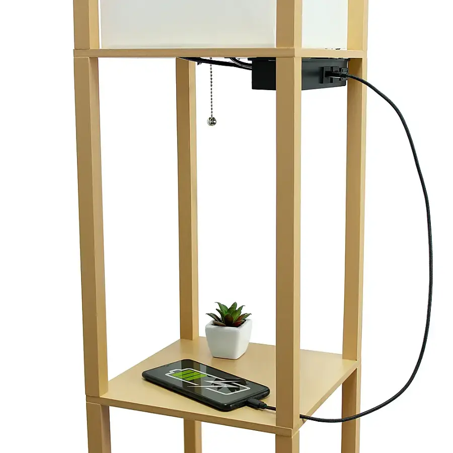 Alt View 14. Simple Designs - Floor Lamp Etagere Organizer Storage Shelf w 2 USB Charging Ports, 1 Charging Outlet & Linen Shade - Tan.