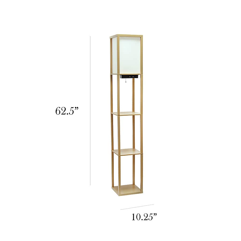 Left View: Simple Designs - Floor Lamp Etagere Organizer Storage Shelf w 2 USB Charging Ports, 1 Charging Outlet & Linen Shade - Tan