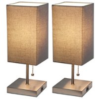 Simple Designs - Petite Stick Lamp with USB Charging Port and Fabric Shade 2 Pack Set - Brushed Nickel base/Gray shade - Front_Zoom