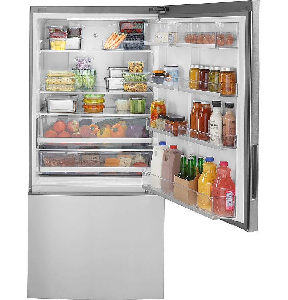 Left. GE - ® ENERGY STAR® 17.7 Cu. Ft. Bottom-Freezer Refrigerator - Stainless Steel.