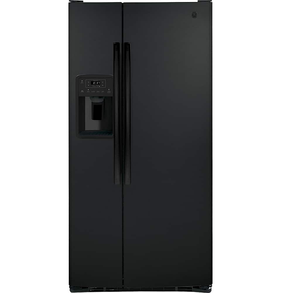 Front. GE - 23.2 Cu. Ft. Side-by-Side Refrigerator with External Ice & Water Dispenser - High Gloss Black.