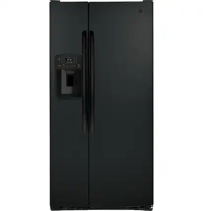 Front. GE - 23.2 Cu. Ft. Side-by-Side Refrigerator with External Ice & Water Dispenser - High Gloss Black.