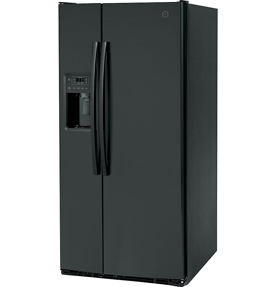 Left. GE - 23.2 Cu. Ft. Side-by-Side Refrigerator with External Ice & Water Dispenser - High-Gloss Black.