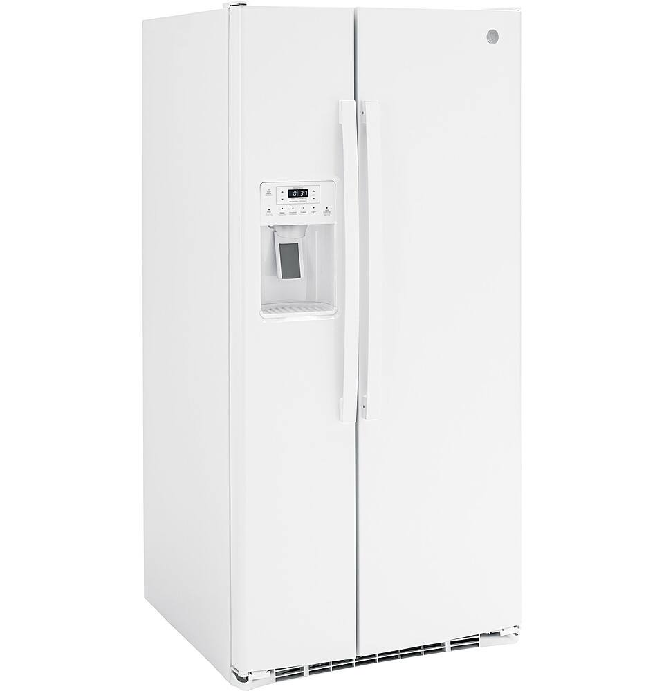 Angle. GE - 23.2 Cu. Ft. Side-by-Side Refrigerator with External Ice & Water Dispenser - High-Gloss White.