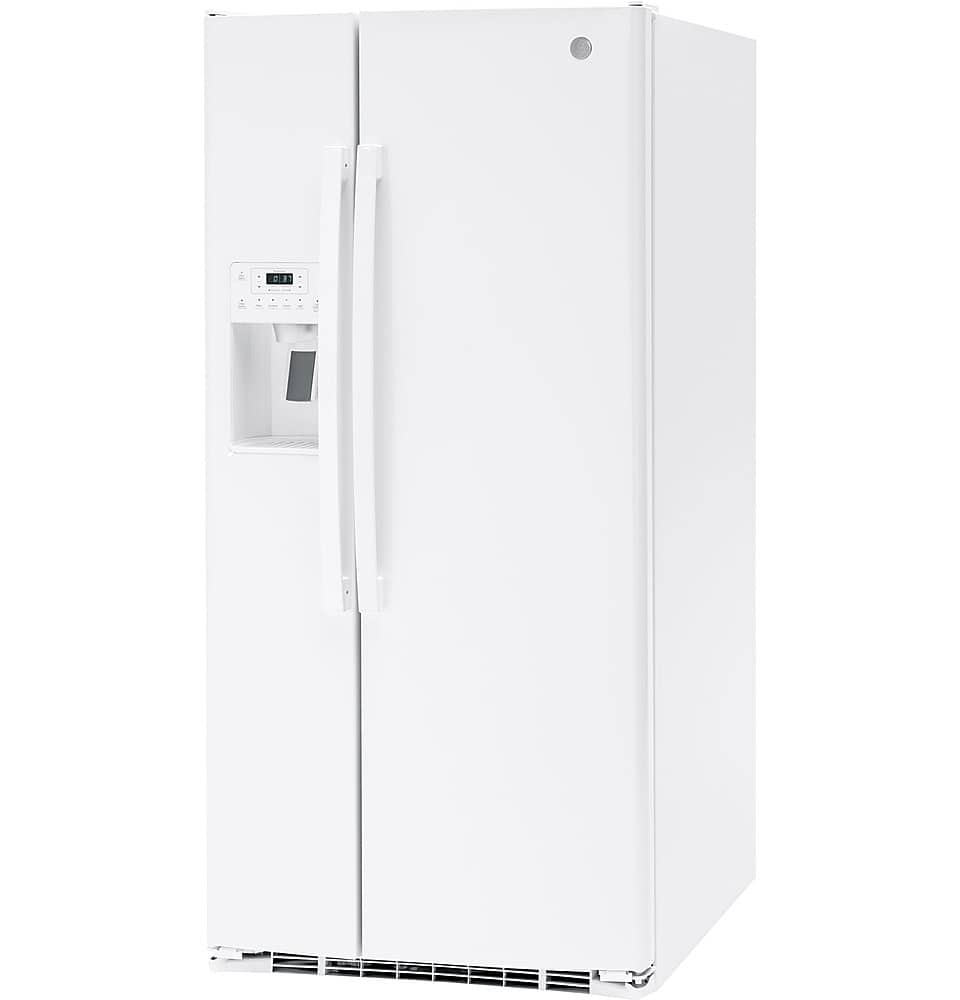 Left. GE - 23.2 Cu. Ft. Side-by-Side Refrigerator with External Ice & Water Dispenser - High Gloss White.