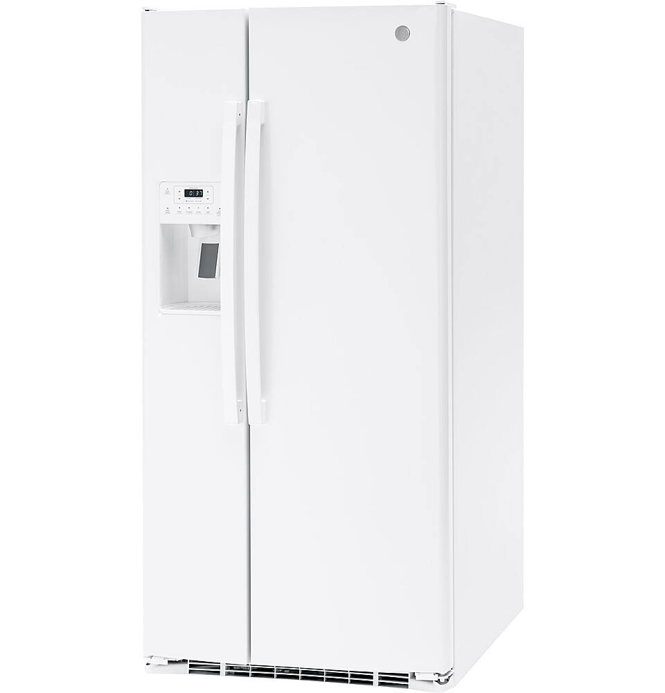 Left. GE - 23.2 Cu. Ft. Side-by-Side Refrigerator with External Ice & Water Dispenser - High Gloss White.