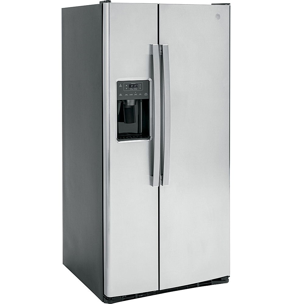 Angle View: GE - 23.2 Cu. Ft. Side-by-Side Refrigerator with External Ice & Water Dispenser - Stainless steel