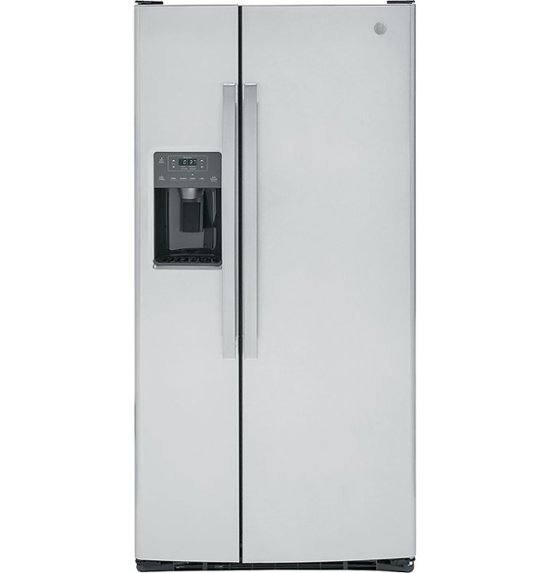 Front Zoom. GE - 23.0 Cu. Ft. Side-by-Side Refrigerator with Thru-the-Door Ice and Water - Stainless steel.