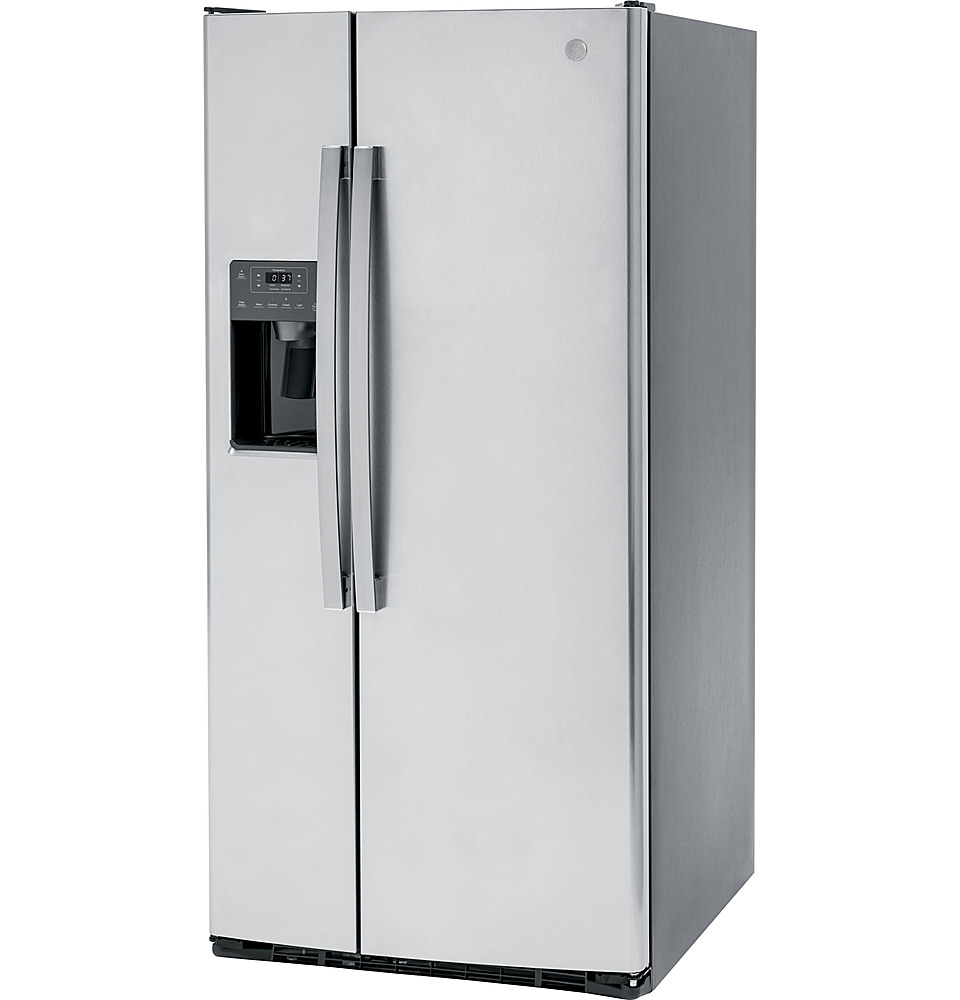 Left View: GE - 23.2 Cu. Ft. Side-by-Side Refrigerator with External Ice & Water Dispenser - Stainless steel