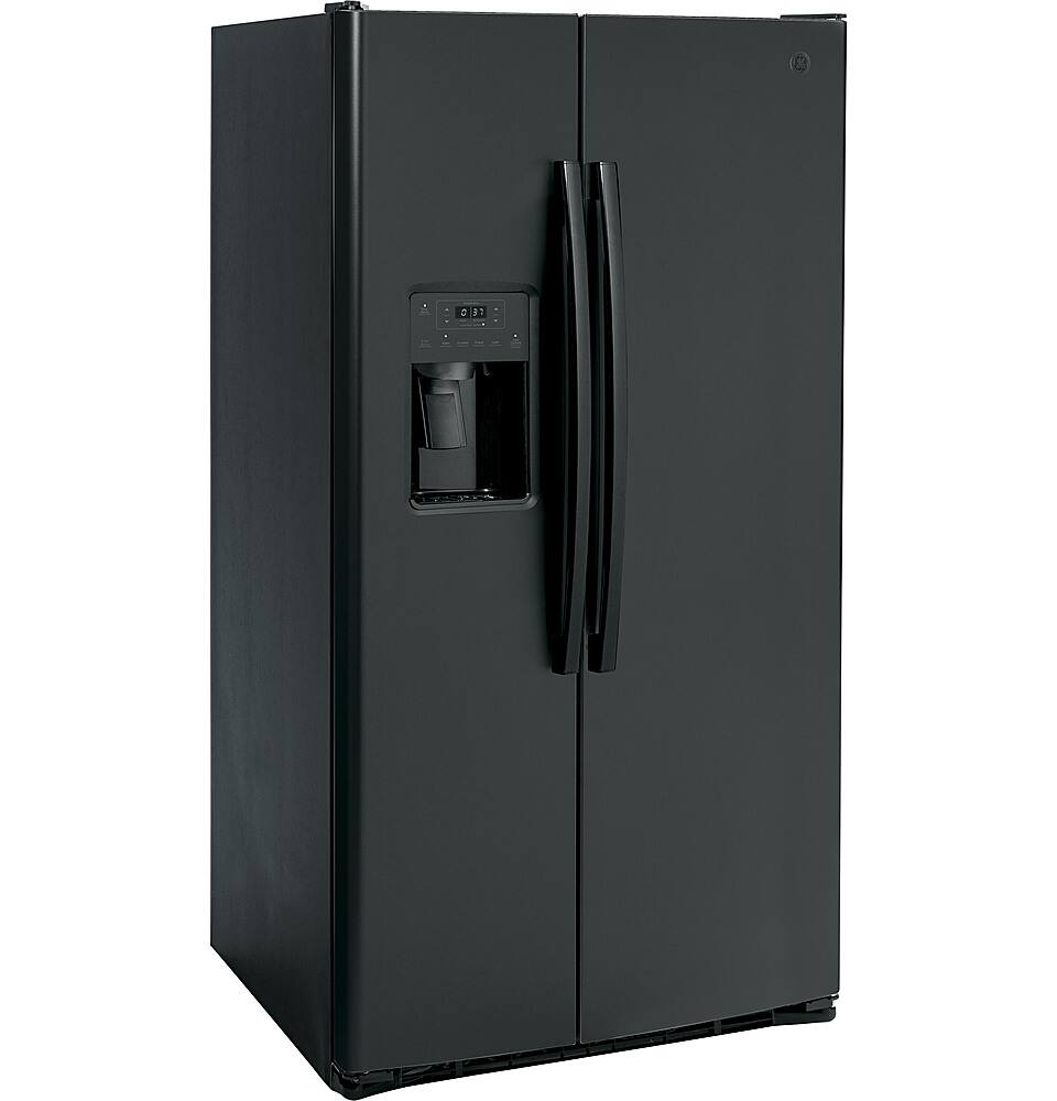 Angle. GE - 25.3 Cu. Ft. Side-by-Side Refrigerator with External Ice & Water Dispenser - High Gloss Black.