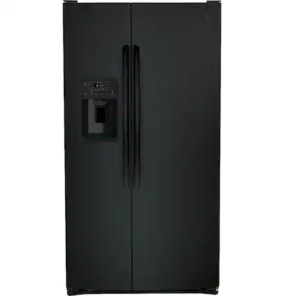 Front. GE - 25.3 Cu. Ft. Side-by-Side Refrigerator with External Ice & Water Dispenser - High-Gloss Black.