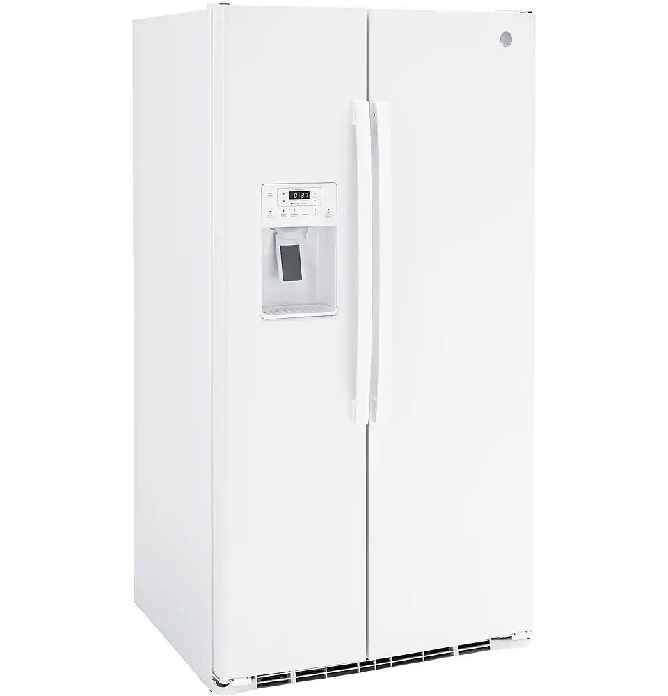 Angle. GE - 25.3 Cu. Ft. Side-by-Side Refrigerator with External Ice & Water Dispenser - High Gloss White.