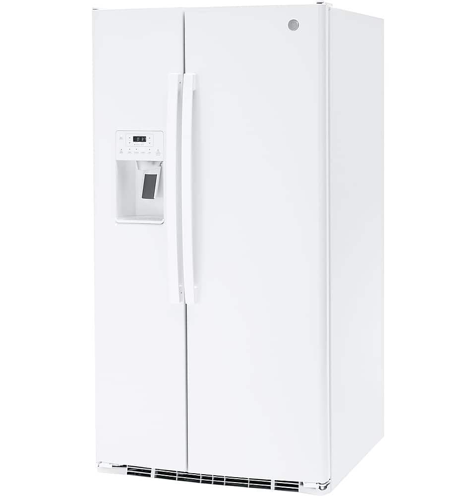 Left. GE - 25.3 Cu. Ft. Side-by-Side Refrigerator with External Ice & Water Dispenser - High-Gloss White.
