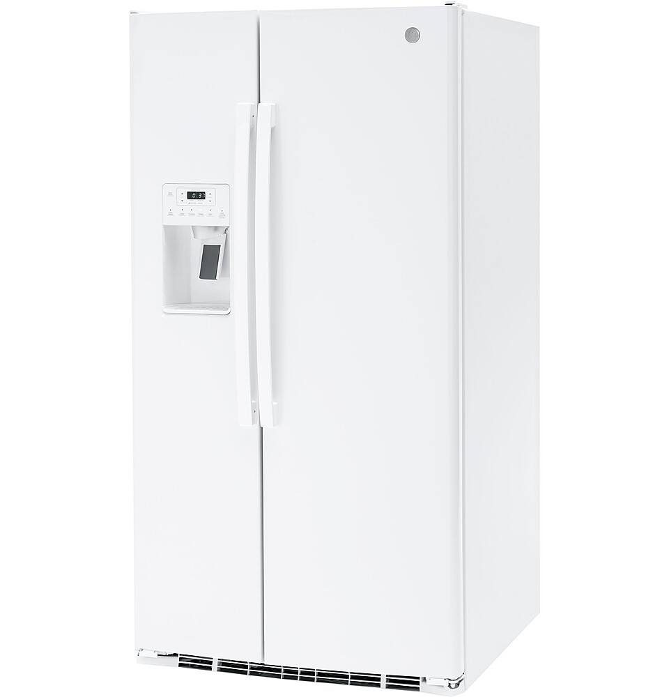 Left. GE - 25.3 Cu. Ft. Side-by-Side Refrigerator with External Ice & Water Dispenser - High-Gloss White.