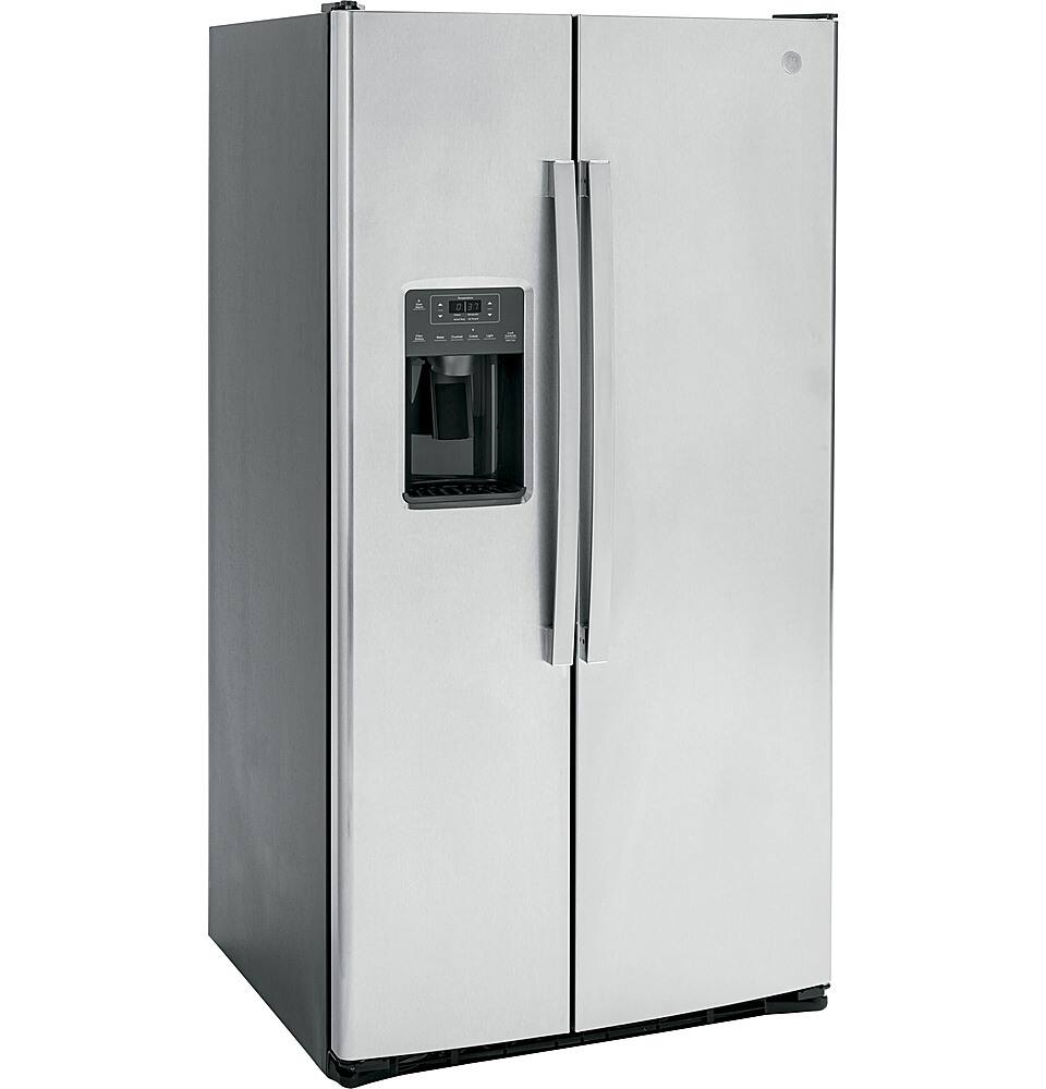 Angle. GE - 25.3 Cu. Ft. Side-by-Side Refrigerator with External Ice & Water Dispenser - Stainless Steel.