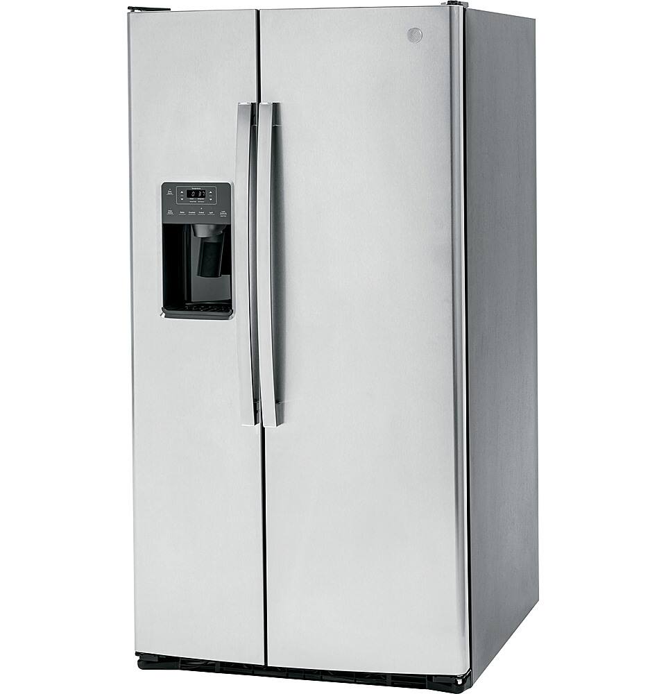 Left. GE - 25.3 Cu. Ft. Side-by-Side Refrigerator with External Ice & Water Dispenser - Stainless Steel.