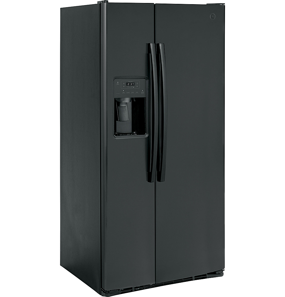 Angle View: GE - 23.0 Cu. Ft. Side-by-Side Refrigerator with External Ice & Water Dispenser - High gloss black