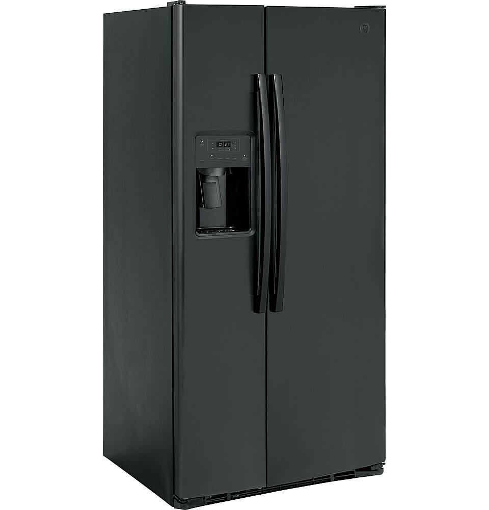 Angle. GE - 23.0 Cu. Ft. Side-by-Side Refrigerator with External Ice & Water Dispenser - High Gloss Black.