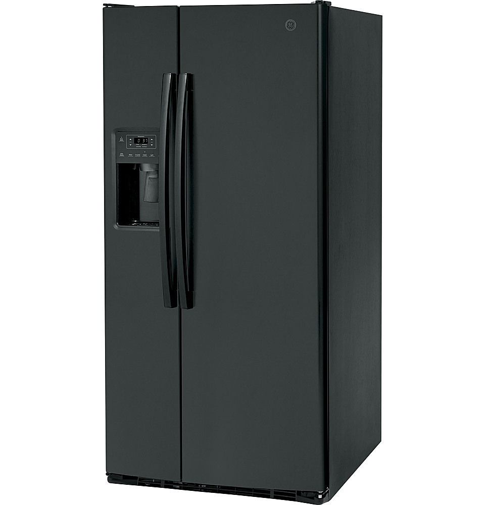 Left View: GE - 23.0 Cu. Ft. Side-by-Side Refrigerator with External Ice & Water Dispenser - High gloss black