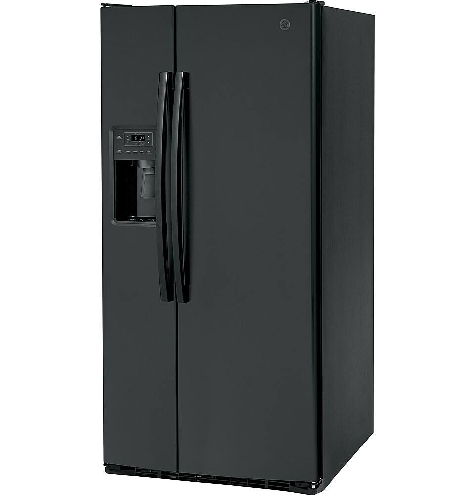 Left. GE - 23.0 Cu. Ft. Side-by-Side Refrigerator with External Ice & Water Dispenser - High Gloss Black.