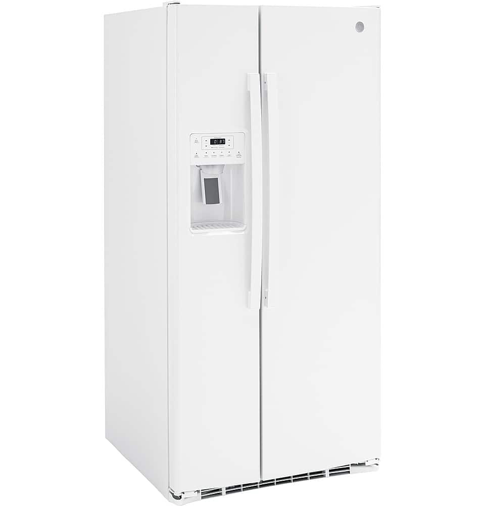 Angle. GE - 23.0 Cu. Ft. Side-by-Side Refrigerator with External Ice & Water Dispenser - High Gloss White.