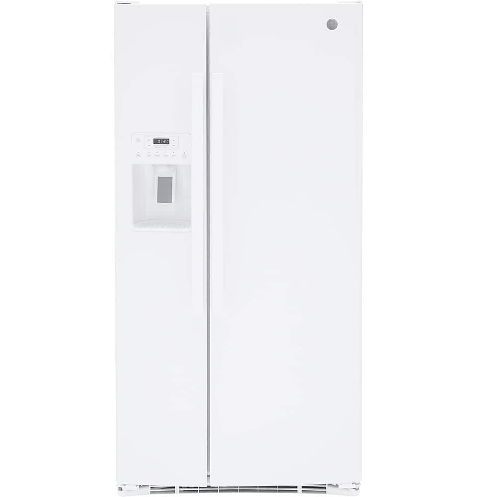 Front. GE - 23.0 Cu. Ft. Side-by-Side Refrigerator with External Ice & Water Dispenser - High-Gloss White.