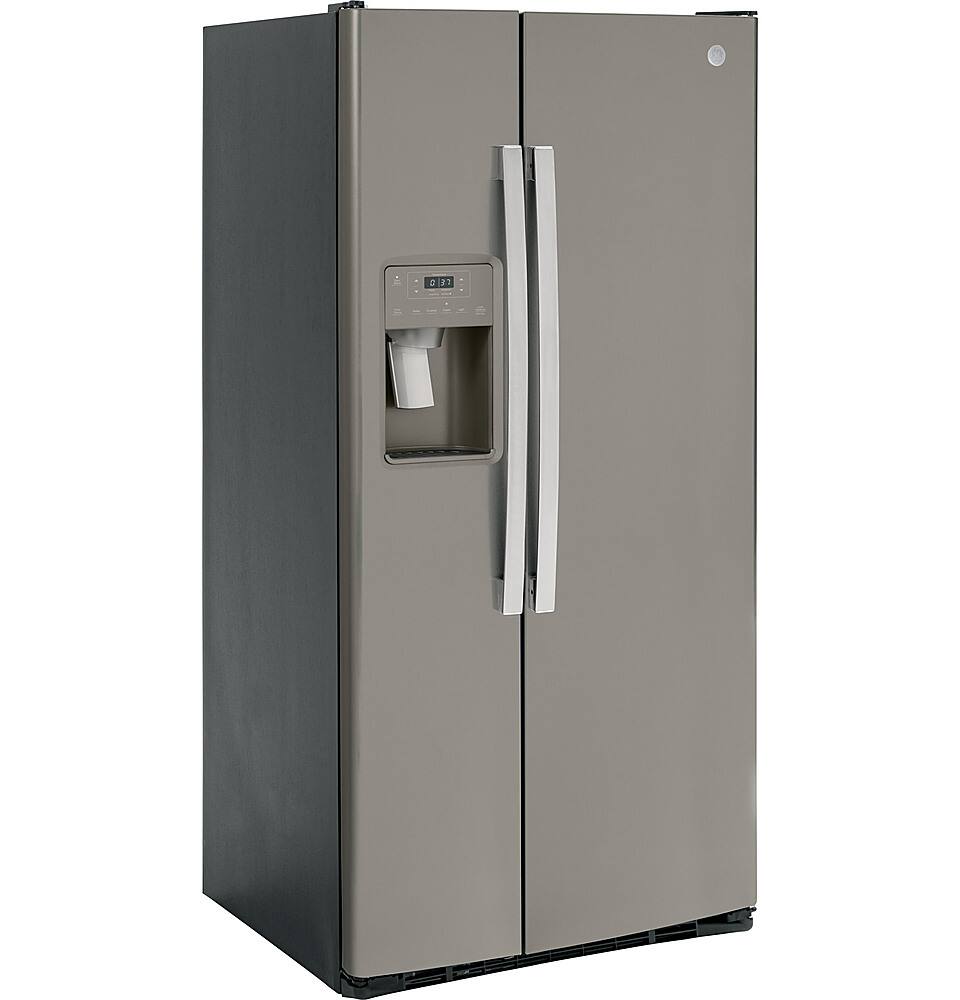 Angle. GE - 23.0 Cu. Ft. Side-by-Side Refrigerator with External Ice & Water Dispenser - Slate.