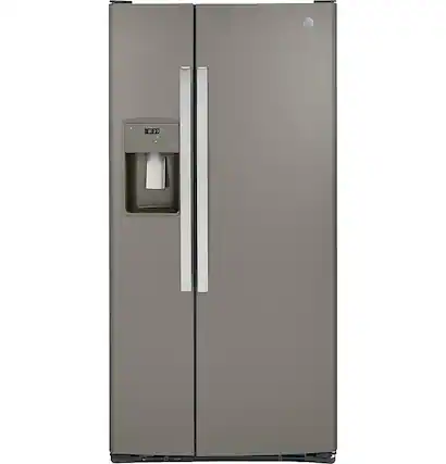 Front. GE - 23.0 Cu. Ft. Side-by-Side Refrigerator with External Ice & Water Dispenser - Slate.