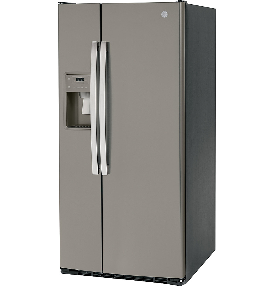 Left View: GE - 23.0 Cu. Ft. Side-by-Side Refrigerator with External Ice & Water Dispenser - Slate
