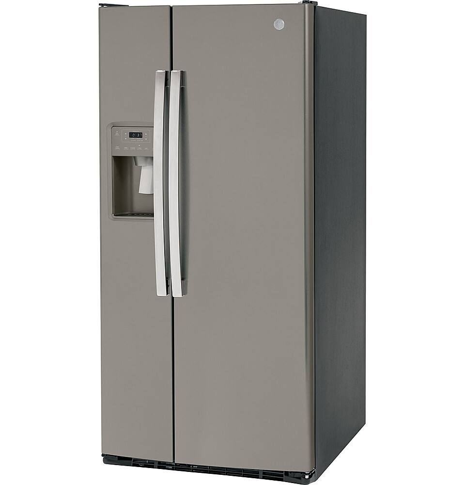 Left. GE - 23.0 Cu. Ft. Side-by-Side Refrigerator with External Ice & Water Dispenser - Slate.