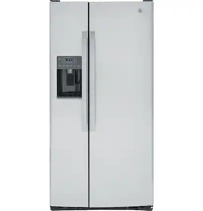 Front. GE - 23.0 Cu. Ft. Side-by-Side Refrigerator with External Ice & Water Dispenser - Stainless Steel.