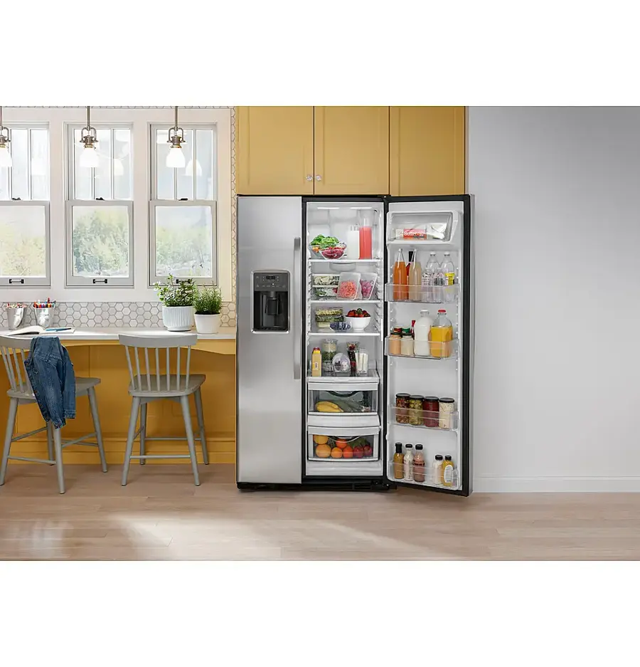 Alt View 17. GE - 23.0 Cu. Ft. Side-by-Side Refrigerator with External Ice & Water Dispenser - Stainless Steel.