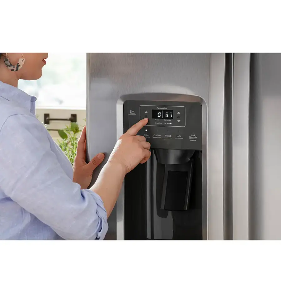 Alt View 20. GE - 23.0 Cu. Ft. Side-by-Side Refrigerator with External Ice & Water Dispenser - Stainless Steel.