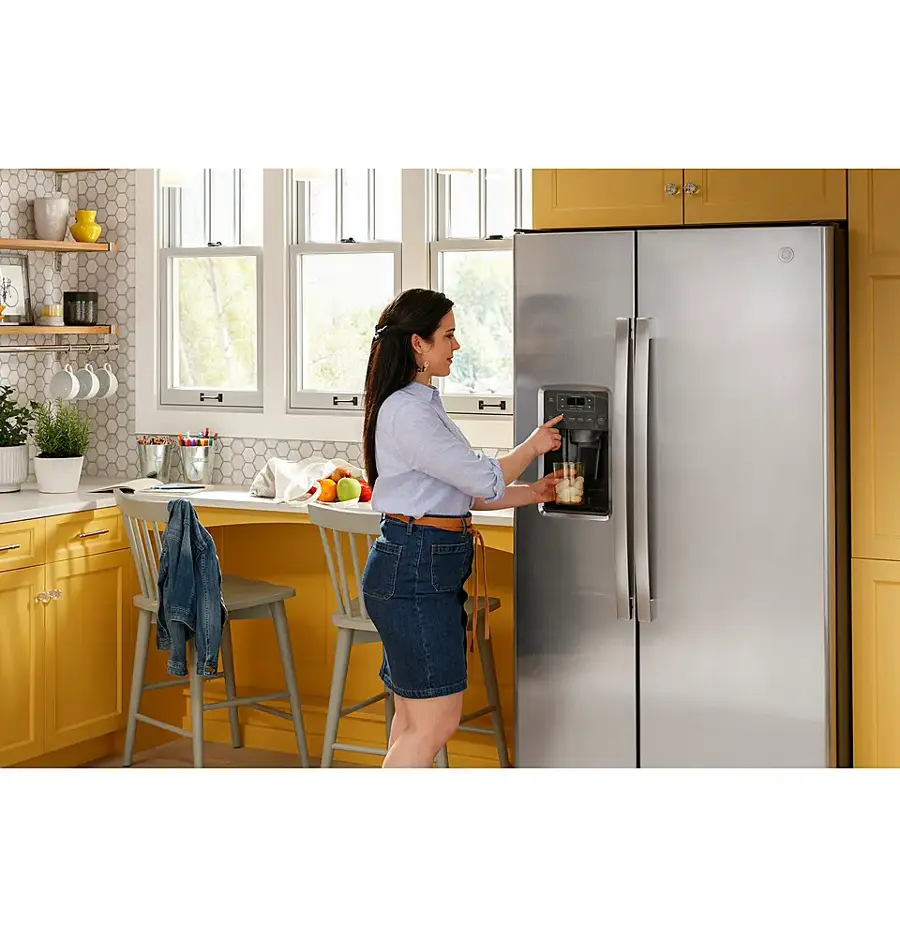 Alt View 21. GE - 23.0 Cu. Ft. Side-by-Side Refrigerator with External Ice & Water Dispenser - Stainless Steel.