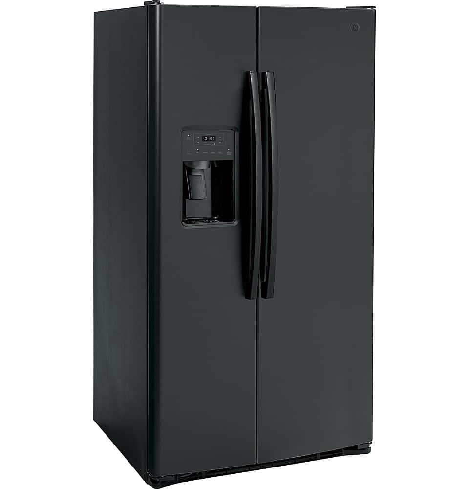 Angle. GE - 25.3 Cu. Ft. Side-by-Side Refrigerator with External Ice & Water Dispenser - High-Gloss Black.
