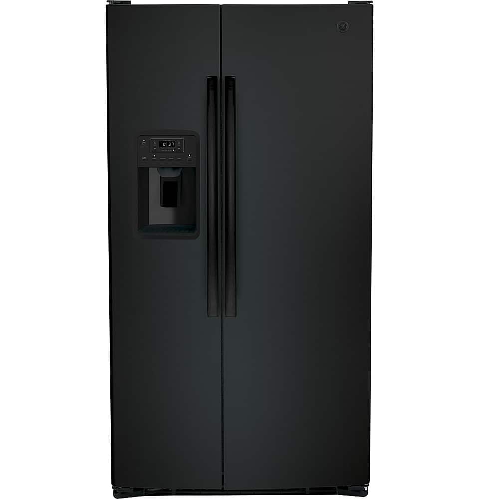 Front. GE - 25.3 Cu. Ft. Side-by-Side Refrigerator with External Ice & Water Dispenser - High Gloss Black.