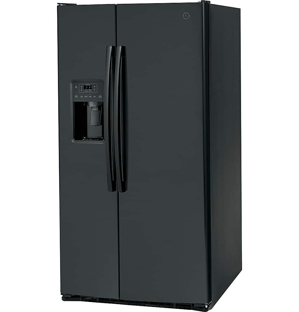 Left. GE - 25.3 Cu. Ft. Side-by-Side Refrigerator with External Ice & Water Dispenser - High-Gloss Black.