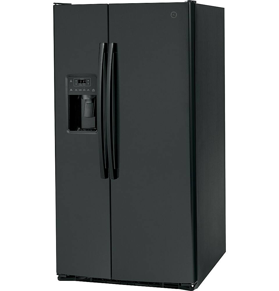 Left. GE - 25.3 Cu. Ft. Side-by-Side Refrigerator with External Ice & Water Dispenser - High-Gloss Black.
