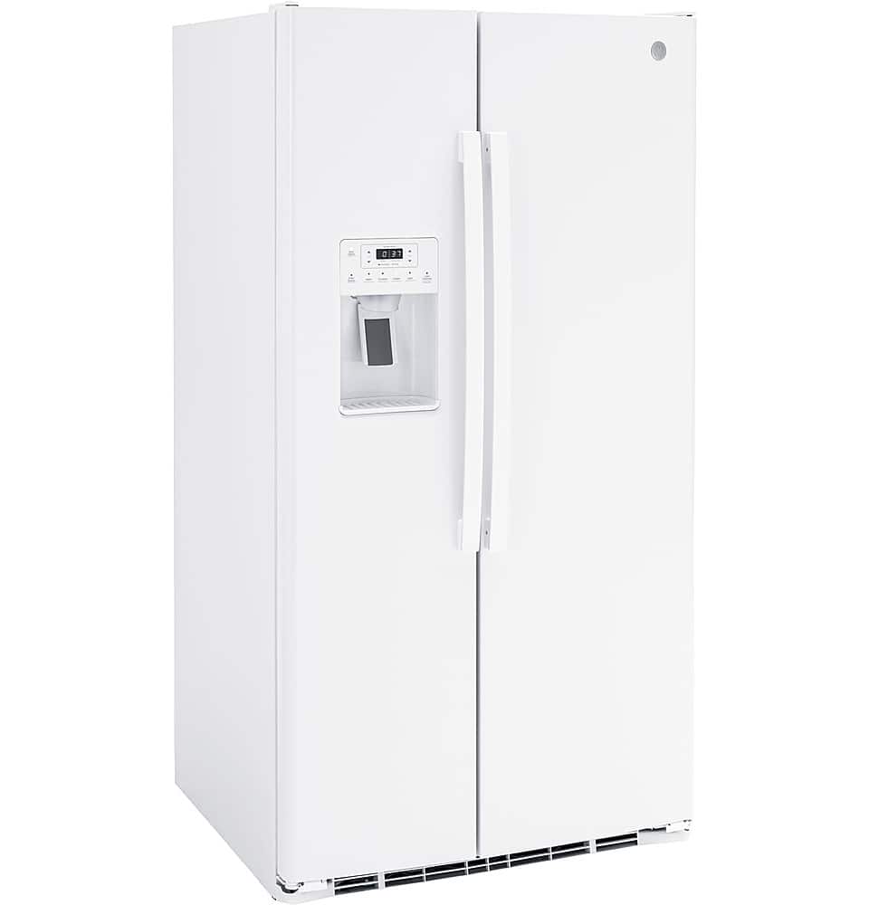 Angle. GE - 25.3 Cu. Ft. Side-by-Side Refrigerator with External Ice & Water Dispenser - High Gloss White.