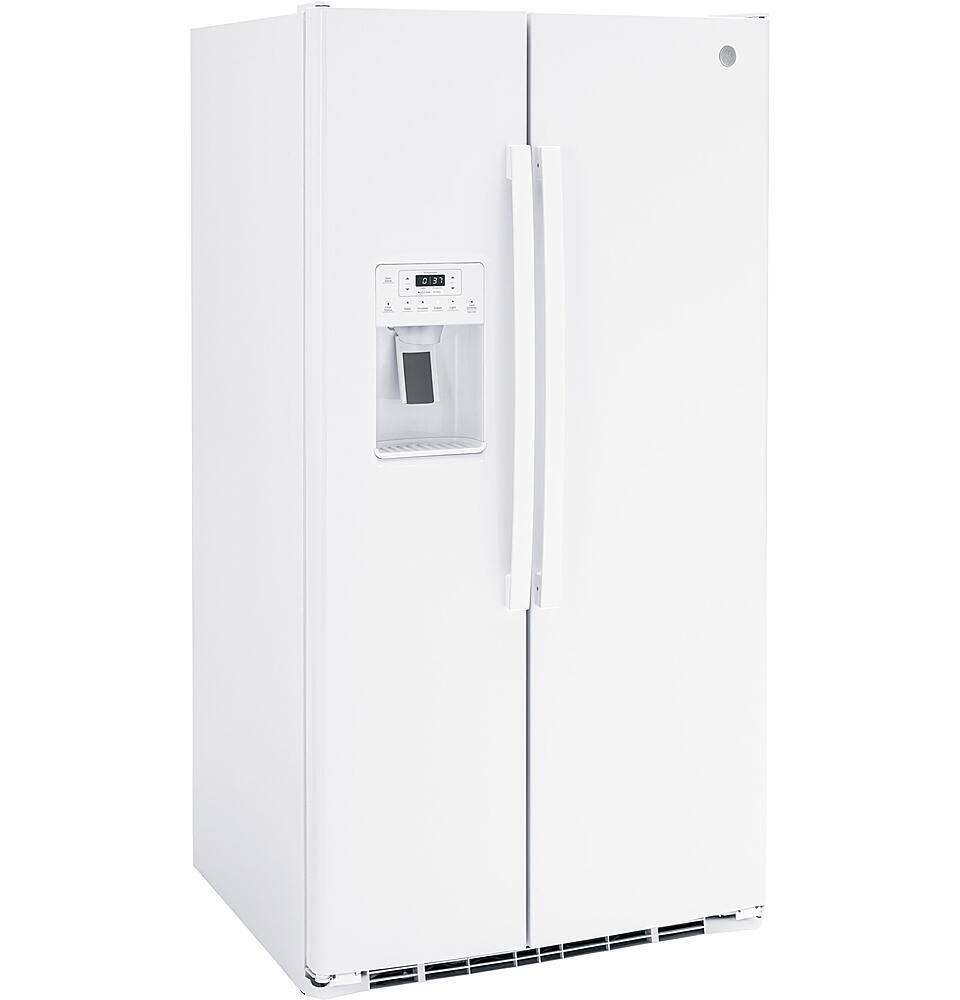 Angle. GE - 25.3 Cu. Ft. Side-by-Side Refrigerator with External Ice & Water Dispenser - High Gloss White.