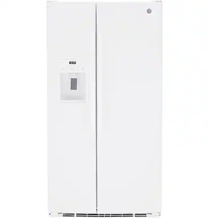 Front. GE - 25.3 Cu. Ft. Side-by-Side Refrigerator with External Ice & Water Dispenser - High Gloss White.