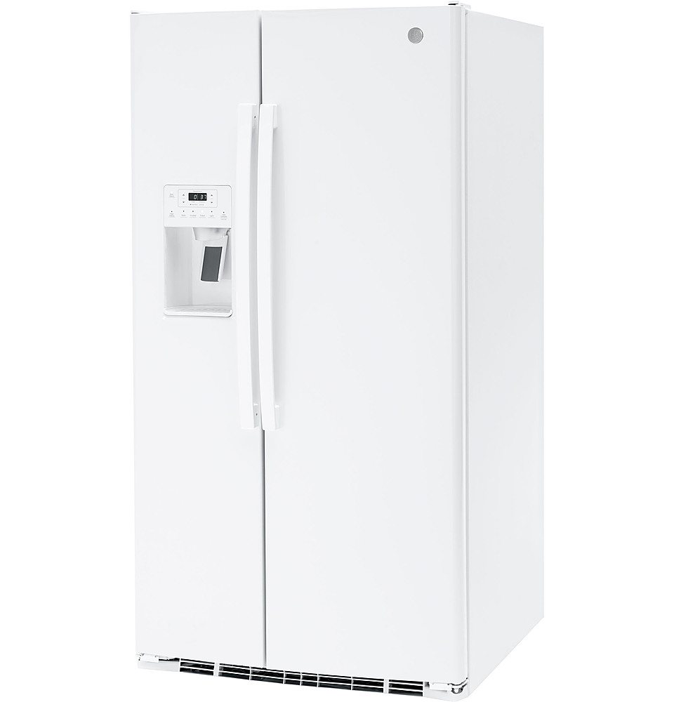 Left View: GE - 25.3 Cu. Ft. Side-by-Side Refrigerator with External Ice & Water Dispenser - High gloss white