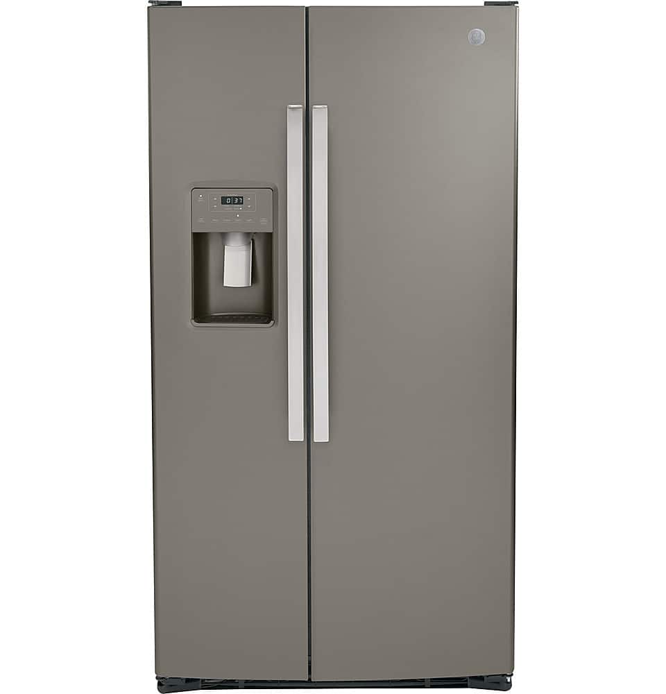 Front. GE - 25.3 Cu. Ft. Side-by-Side Refrigerator with External Ice & Water Dispenser - Slate.