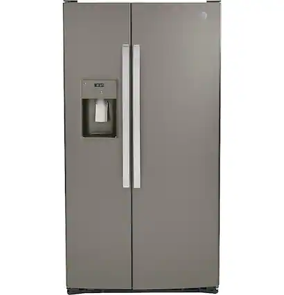 Front. GE - 25.3 Cu. Ft. Side-by-Side Refrigerator with External Ice & Water Dispenser - Slate.
