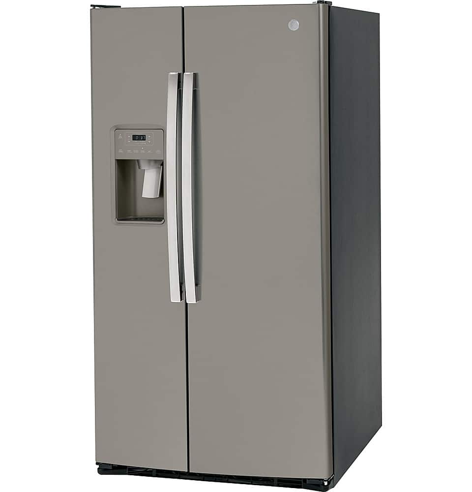 Left. GE - 25.3 Cu. Ft. Side-by-Side Refrigerator with External Ice & Water Dispenser - Slate.