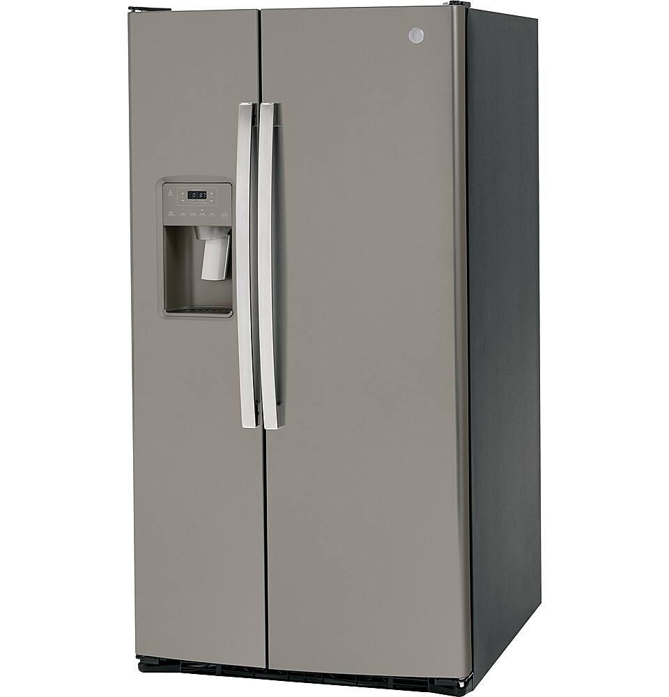 Left. GE - 25.3 Cu. Ft. Side-by-Side Refrigerator with External Ice & Water Dispenser - Slate.
