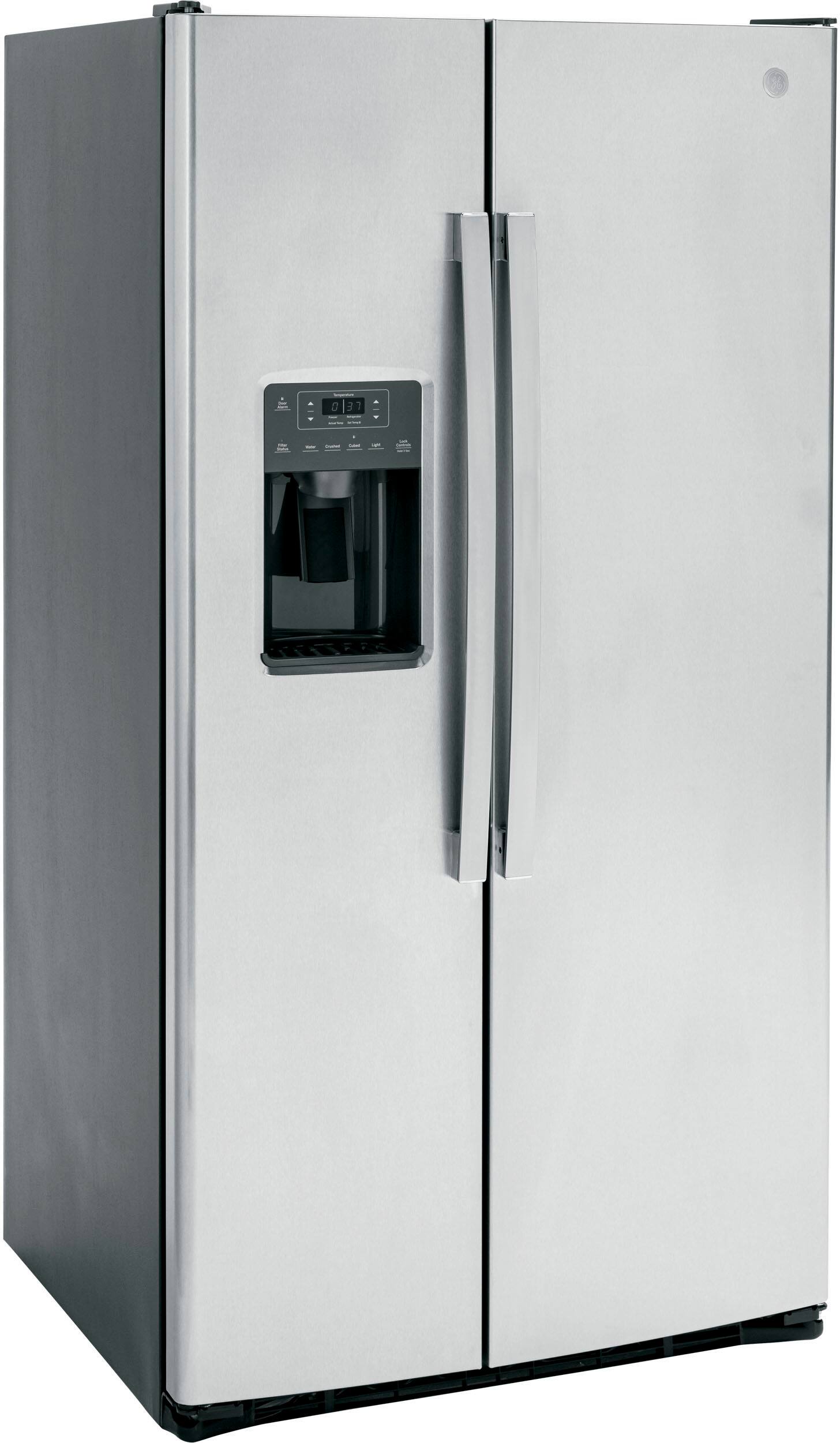 Angle. GE - 25.3 Cu. Ft. Side-by-Side Refrigerator with External Ice & Water Dispenser - Stainless Steel.